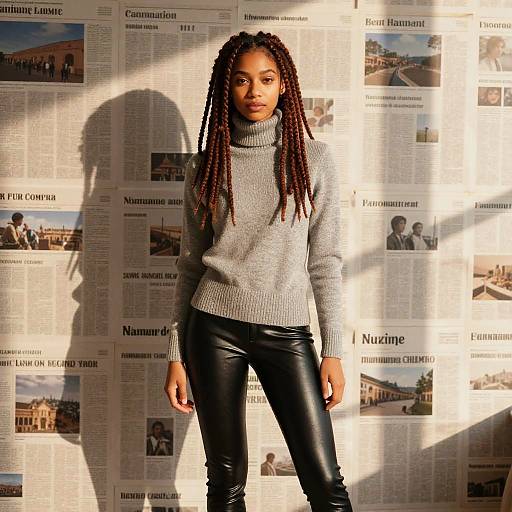 Photograph of a black woman with braided hair, wearing a gray turtleneck and black leather pants, standing against a newspaper backdrop with sunlight casting
