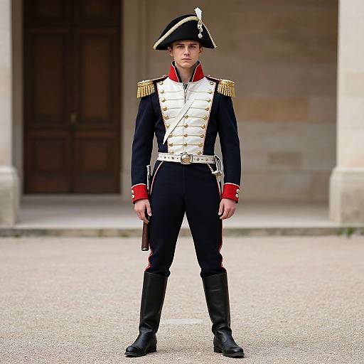 Photograph of a young male soldier standing at attention in a black military uniform with gold epaulettes, white sash, red cuffs, and