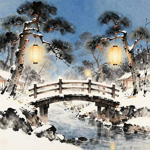 Sumi-e Snowy Bridge with Lantern Glow