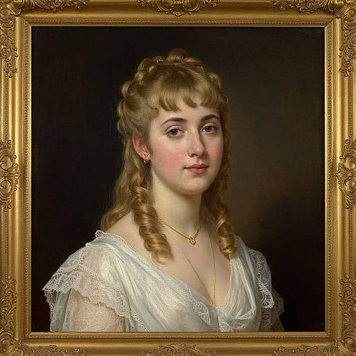 Photorealistic portrait of a young Caucasian woman with curly brown hair, wearing a white lace dress and gold necklace, framed in an ornate gold frame