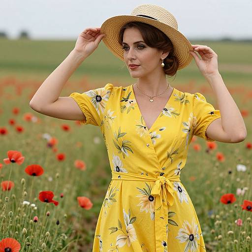 Photograph of a woman in a yellow floral dress and straw hat, standing in a vibrant poppy field, adjusting her hat.