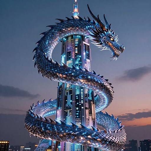 Photograph of a illuminated, dragon-shaped skyscraper at dusk, with vibrant blue and purple lights, coiled around the building's height.