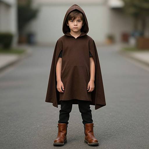 Photograph of a young boy with dark hair, wearing a brown hooded cloak, black pants, and brown boots, standing on a blurred suburban street