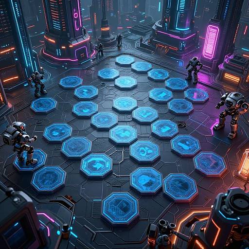 Digital artwork of a futuristic, neon-lit arena with blue, glowing hexagonal platforms. Four armored figures stand around, surrounded by vibrant, colorful lights