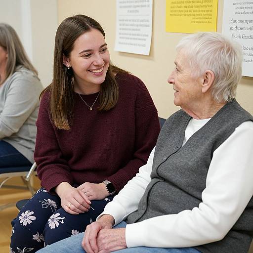 Photograph of a smiling young woman with brown hair and maroon sweater, seated next to an elderly man with white hair and gray vest, in a