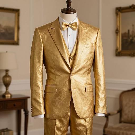 Photograph of a gold metallic suit with a white shirt and gold bow tie, displayed on a mannequin in an elegant, classic room with framed