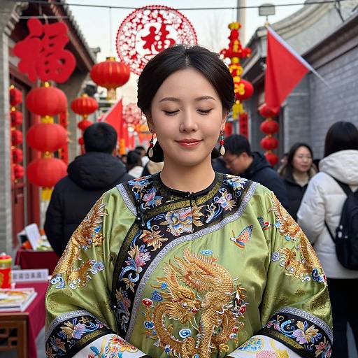 Photograph of an Asian woman with dark hair in an elaborate green and gold traditional Chinese dress, standing in a vibrant, red-decorated street market