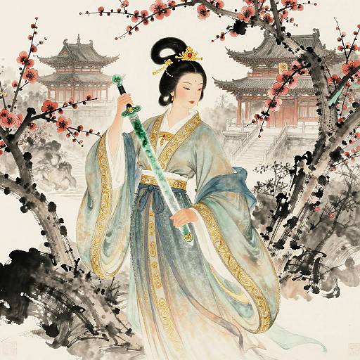 Digital illustration of a Japanese geisha with black hair in an updo, wearing a blue kimono with gold trim, holding a green katana,