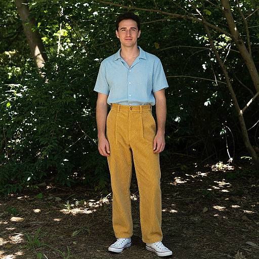 Photograph of a young man with short dark hair, wearing a light blue shirt, mustard yellow corduroy pants, and white sneakers, standing in
