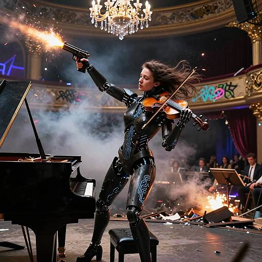 Cybernetic Violinist Firing Flare Pistol on Opera Stage