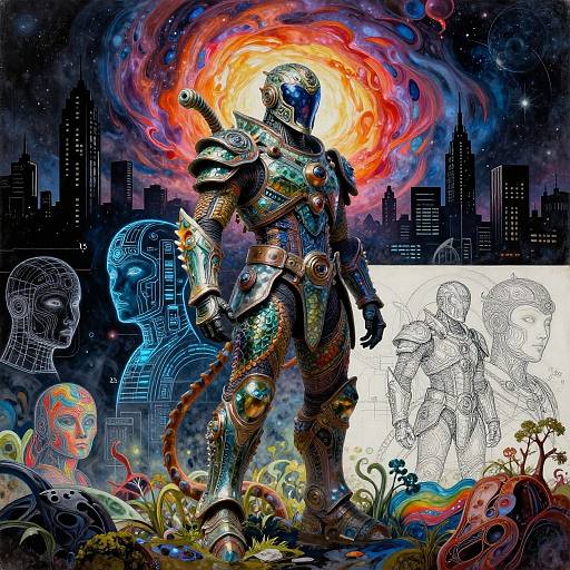 Vibrant digital artwork of a futuristic armored figure with a fiery halo, surrounded by blue and white head sketches, cityscape, and colorful, surreal