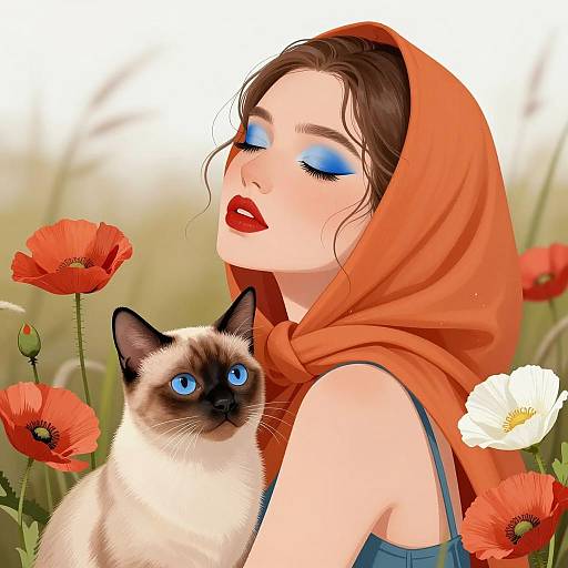 Vibrant Woman and Siamese Cat Portrait