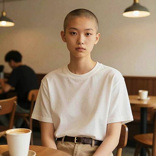 Photograph of an Asian teenage boy with a shaved head, wearing a white t-shirt and beige pants, sitting in a softly lit café, with a