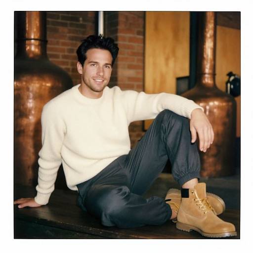 Photograph of a smiling man with dark hair, wearing a white sweater, black pants, and tan boots, sitting in front of copper brewing kett