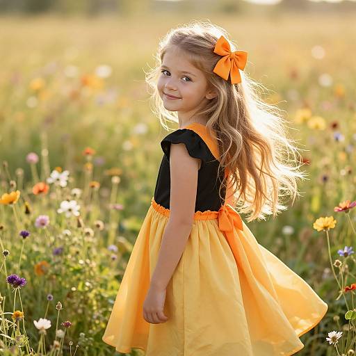 Photograph of a smiling blonde girl with an orange bow in her hair, wearing a black and yellow dress, standing in a sunny meadow filled with