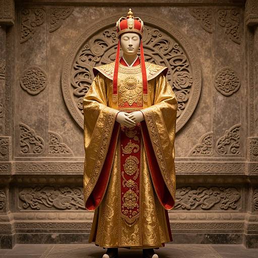 Photograph of a lifeless, white-faced statue in ornate golden robes with red and gold embroidery, wearing a red and gold crown, standing in