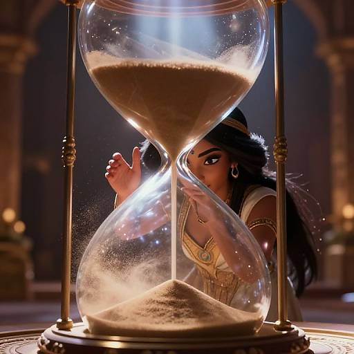 Photograph of a dark-haired woman with ornate jewelry peeking from behind an illuminated hourglass, glowing light highlighting her face and golden attire, set