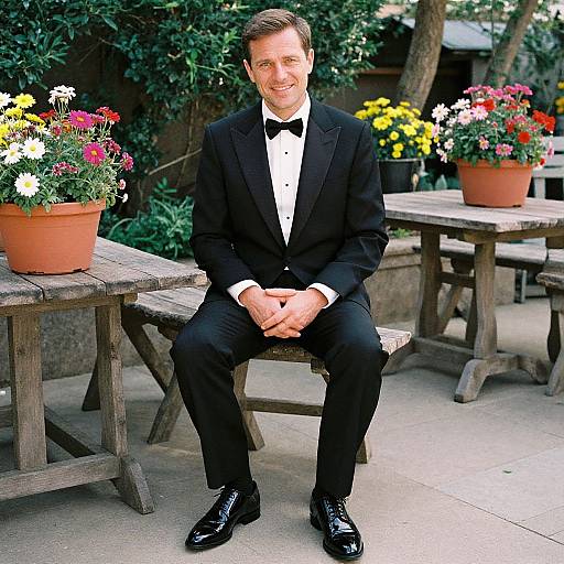 Photograph of a smiling, middle-aged man in a black tuxedo, seated on a wooden bench, surrounded by potted flowers, outdoor setting