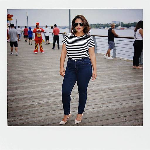 Woman in Casual Outfit on Waterfront Boardwalk