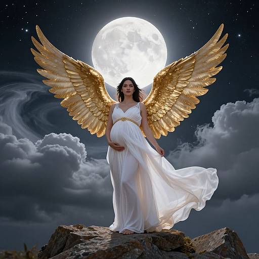 Photograph-style digital art: Pregnant angel with golden wings, white dress, standing on rock, full moon backdrop, dark cloudy sky.