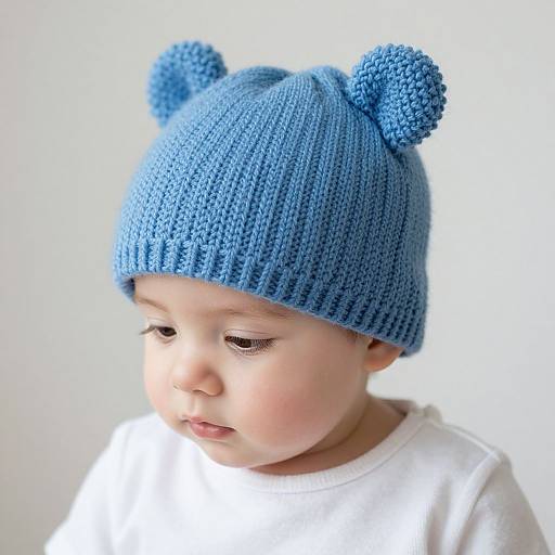 Photograph of a chubby-cheeked baby with light skin, wearing a blue, knitted bear-ear hat and a white shirt, looking down
