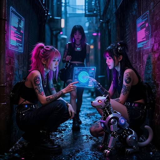 Cyberpunk Girls in Neon Alleyway