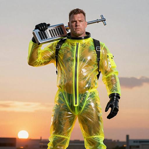 Photograph of a muscular man in a yellow, translucent, full-body suit, holding a stun gun, standing against a sunset sky.
