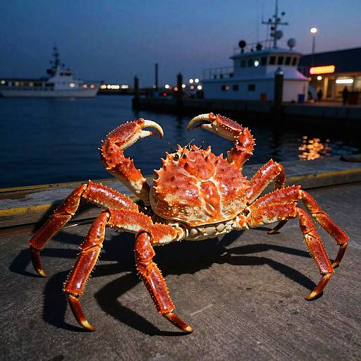 Photograph of a vividly colored, illuminated orange crab with spiky pincers on a dark, twilight waterfront pier, with blurred boats and lights