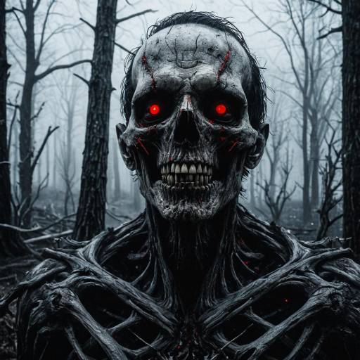 Creepy Skeleton with Red Eyes in Foggy Forest