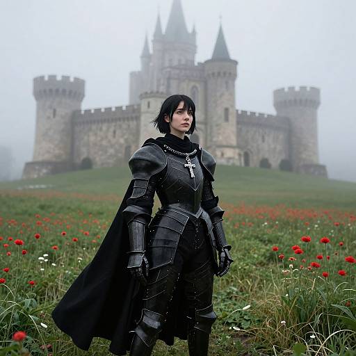 Photograph of a serious, black-haired woman in medieval black armor standing in a foggy field with red flowers, in front of a misty,