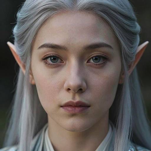 Digital portrait of a young, fair-skinned elf with long, silver hair, pointed ears, and piercing blue eyes, wearing a white robe, against
