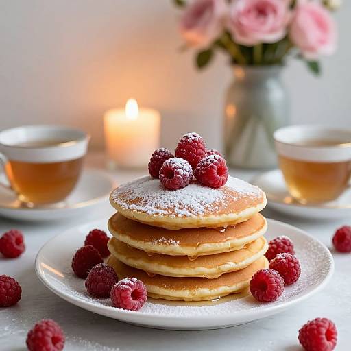 Photograph of a stack of powdered-pancake pancakes topped with fresh raspberries, surrounded by tea cups, a lit candle, and pink roses.
