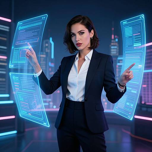 Photorealistic CGI of a confident brunette woman in a black suit and white shirt, standing in a futuristic cityscape, holding glowing blue holographic screens