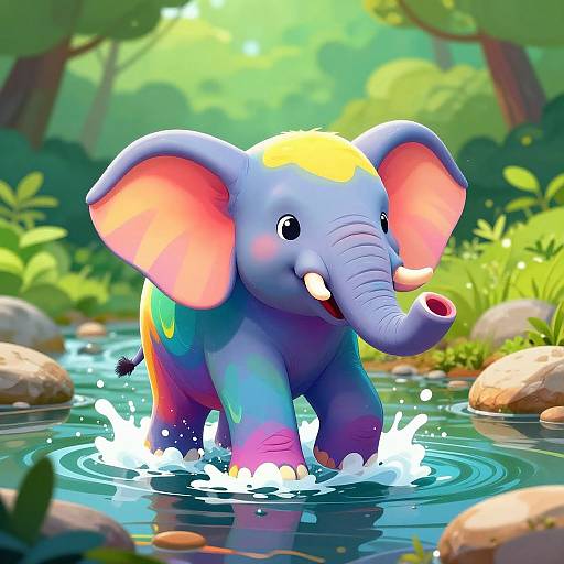 Colorful cartoon elephant with large pink ears and yellow forehead, splashing in a bright, sunny forest stream, surrounded by greenery and rocks. Digital