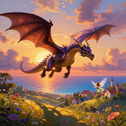 Digital painting of a majestic purple dragon soaring over a vibrant, flower-filled meadow at sunset, with a fairy and quaint village in the background.