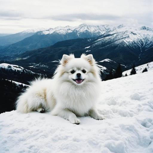 Fluffy White Pomeranian on Snowy Mountain Fluffy White Pomeranian on Snowy Mountain
