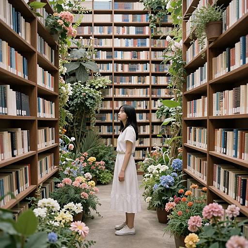 Photograph of an Asian woman in a white dress standing in a lush, floral-filled library aisle with wooden bookshelves.