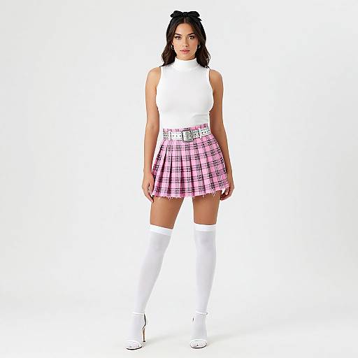 Photograph of a young woman with dark hair, wearing a white sleeveless top, pink plaid skirt, white belt, white knee-high socks,