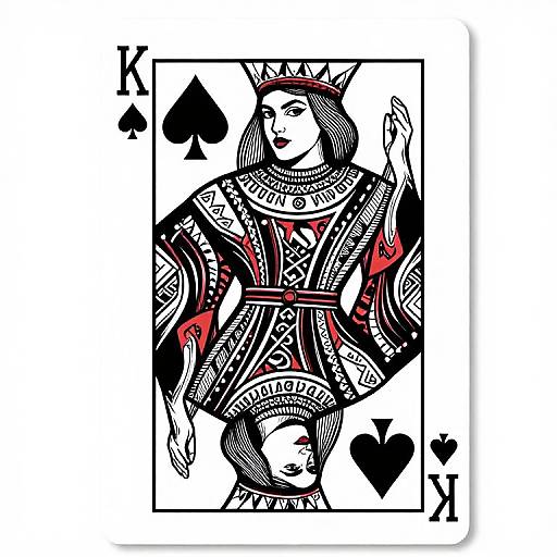 Stylized King of Spades playing card illustration in black, white, and red, featuring intricate patterns and a regal figure.