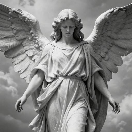 Black-and-white photograph of a marble angel statue with detailed wings, flowing hair, and draped robe, standing against a cloudy sky.