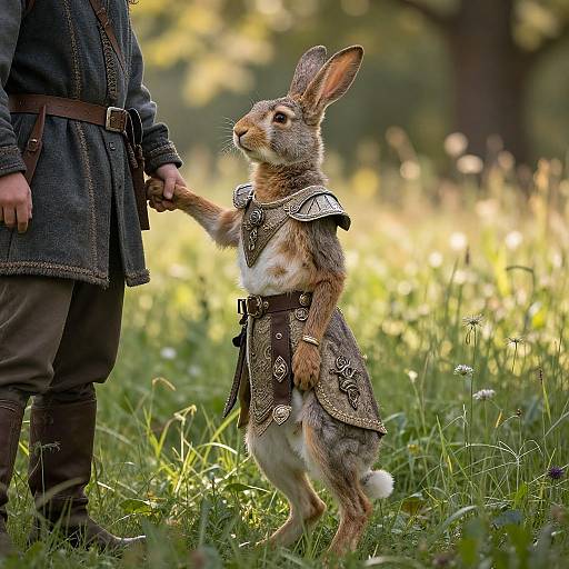 Photograph of a small rabbit dressed in medieval armor, standing on hind legs and holding a person's hand in a sunlit forest.