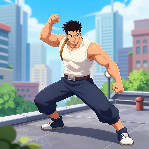 Muscular Man Posing on Urban Rooftop