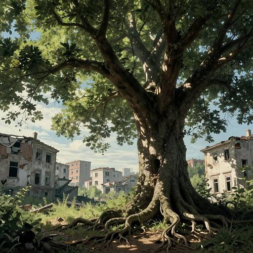 Photograph of a massive, ancient tree with sprawling roots in a sunlit, abandoned urban area, surrounded by dilapidated, weathered buildings.