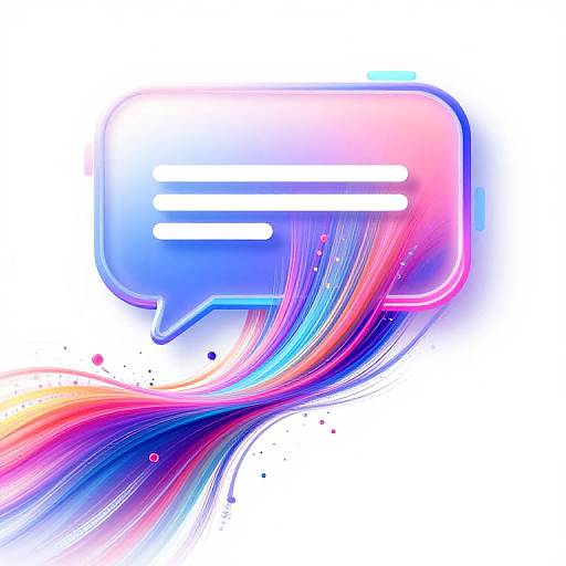 Digital artwork of a neon blue speech bubble with pink and purple gradients, featuring colorful, flowing lines and white horizontal lines inside.