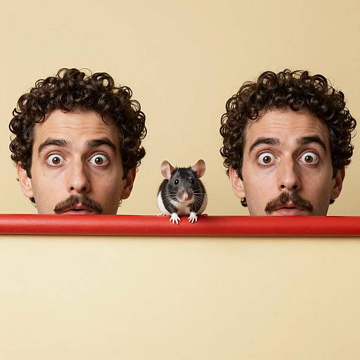 Two Men and a Mouse Peeking Over Red Bar