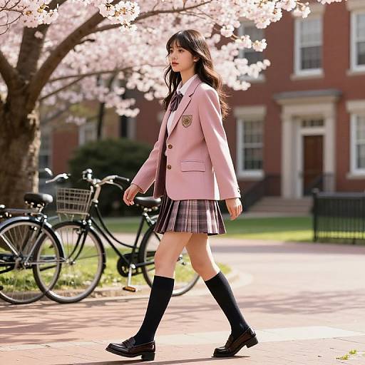 Asian schoolgirl in pink blazer and plaid skirt walks past cherry blossom trees and bicycles on a sunny campus path.