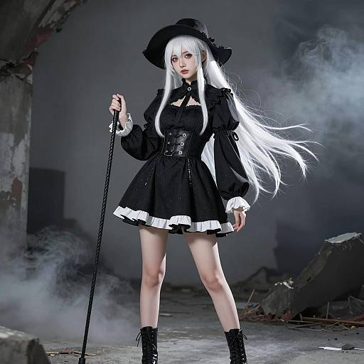 Confident Gothic Woman in Smoky Ruins