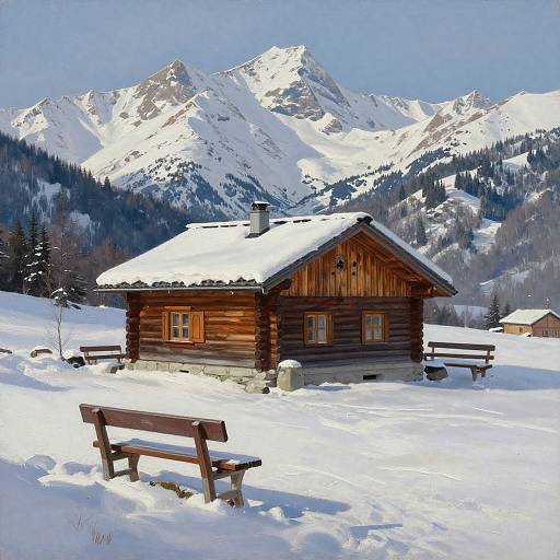 Photograph of a wooden cabin with snow-covered roof in a snowy mountain landscape, bench in foreground, mountains in background.