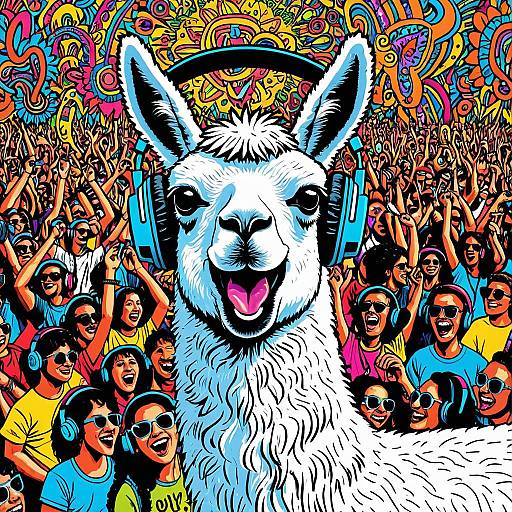 Joyful Llama with Headphones at Vibrant Festival