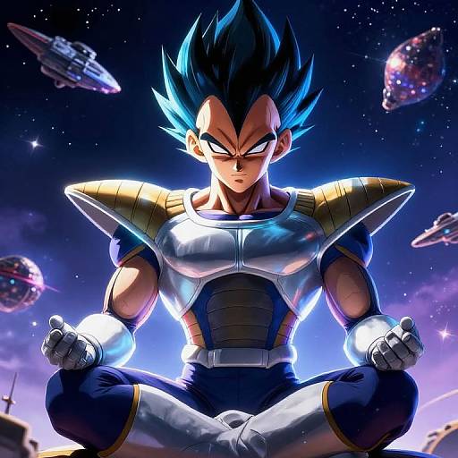 Digital art of Super Saiyan Vegeta in mid-air, glowing blue hair, spiked armor, clenched fists, space background with planets.
